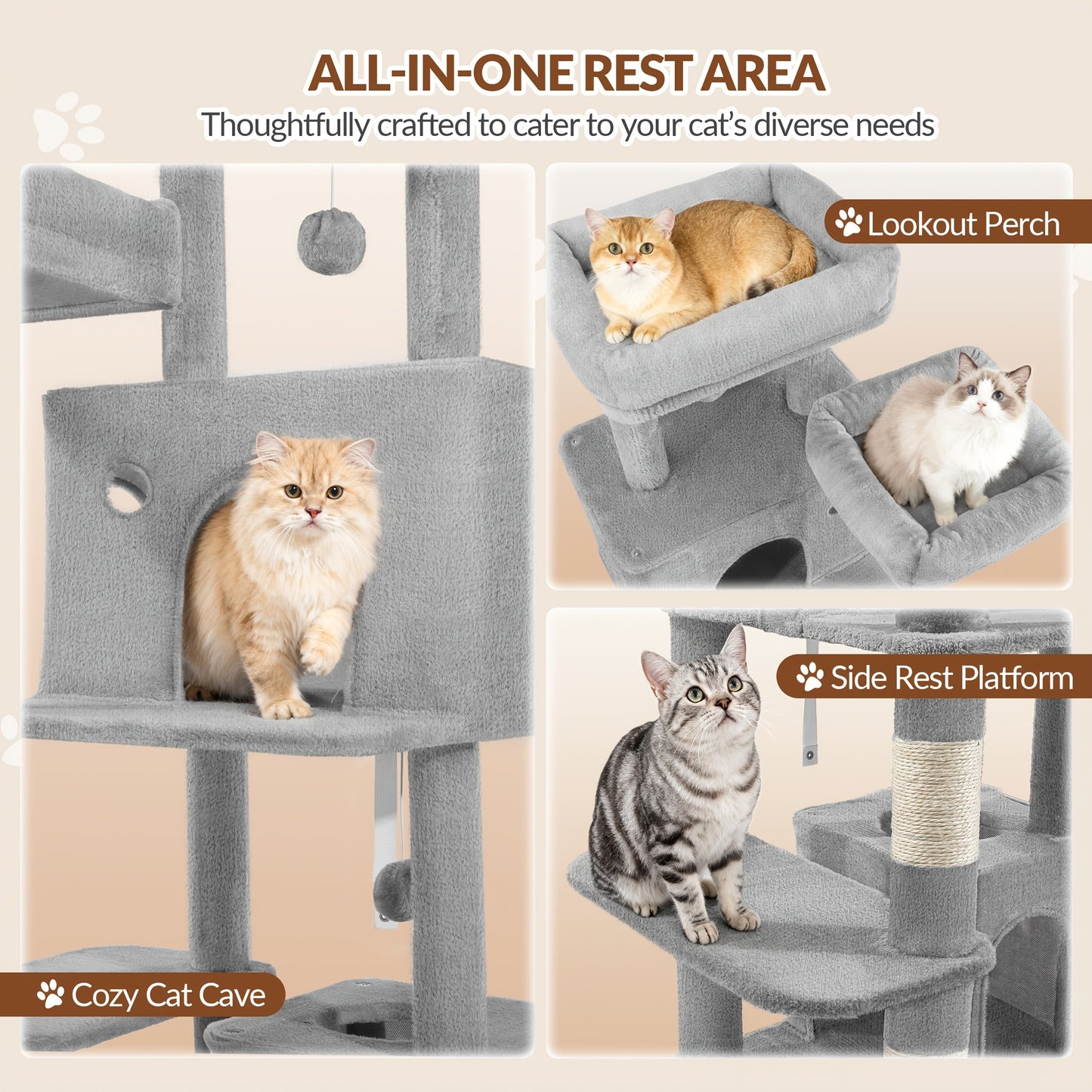 Grande Albero per Gatti, 152cm Tiragraffi, Robusto Albero per Gatti Grandi con Tiragraffi in Sisal, Tavola per Graffiare, 2 Comode Casetta per Gatti, 2 Piattaforme, Pompon, Area Riposo