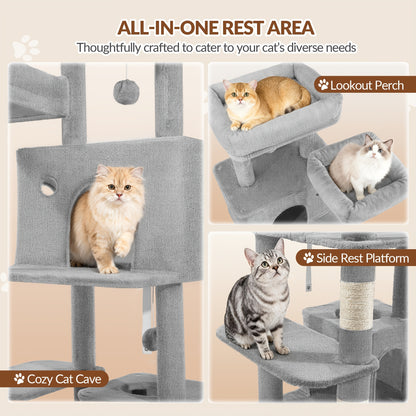 Grande Albero per Gatti, 152cm Tiragraffi, Robusto Albero per Gatti Grandi con Tiragraffi in Sisal, Tavola per Graffiare, 2 Comode Casetta per Gatti, 2 Piattaforme, Pompon, Area Riposo