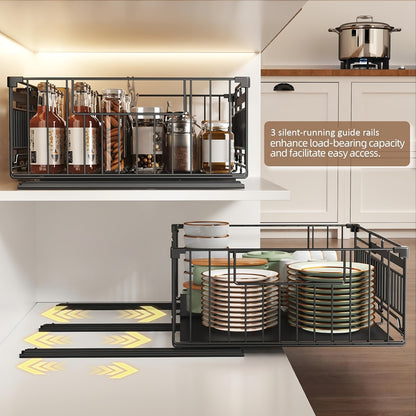 Organizzatore estraibile espandibile per armadietti, confezione da 1/2, ringhiera rialzata da 16.99 cm, larghezza regolabile da 32.99 cm a 50.98 cm, 3 guide, adesivo, non necessita di fori, stacca e incolla, cassetti estraibili adesivi per armadietti, cap
