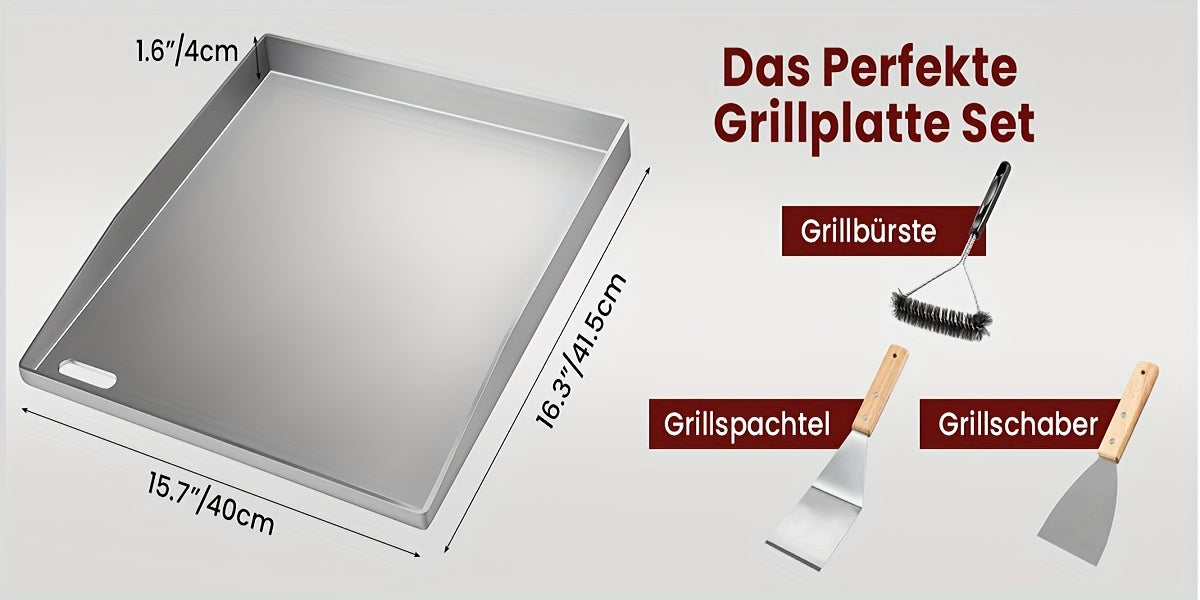 Piastra per griglia in acciaio inossidabile, plancha solida da 4 mm con 2 spatole e spazzola, perfetta per griglie a gas/charcoal, ideale per barbecue, pancake e altro ancora!
