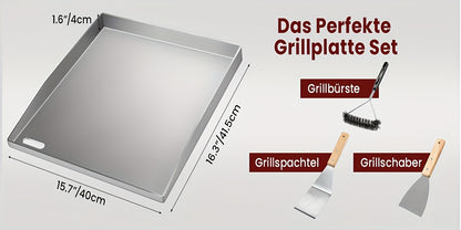 Piastra per griglia in acciaio inossidabile, plancha solida da 4 mm con 2 spatole e spazzola, perfetta per griglie a gas/charcoal, ideale per barbecue, pancake e altro ancora!