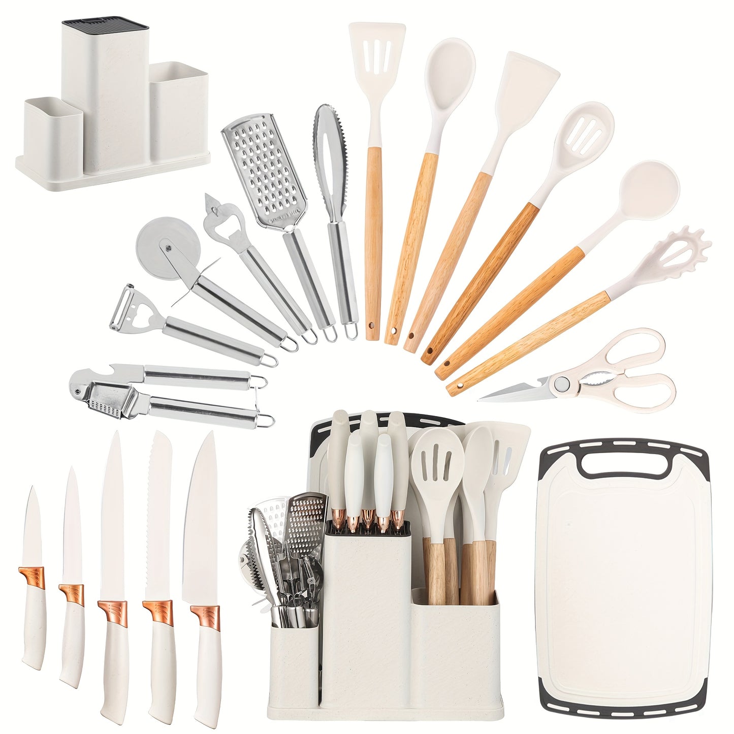 Collezione di 20 Coltelli Professionali con Porta Coltelli. Coltello da Chef, Mannaia, Coltello da Pane, Coltello per Affettare, Coltello per Disossare e Utensili da Cucina Completi. Struttura a Telaio Intero con Manici Antiscivolo per Taglio di Precision