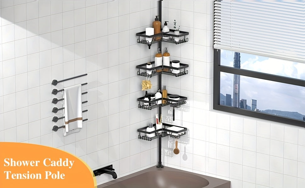 Un robusto e alto ripiano angolare per il bagno, un ripiano angolare regolabile per la doccia che non richiede foratura, dotato di un rack portaoggetti nero a 4 ripiani resistente alla ruggine, ideale per organizzare le aree angolari della doccia - Perfet