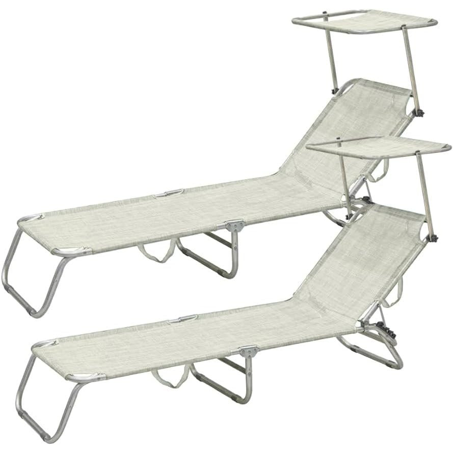 2 Lettini Prendisole Pieghevoli con Tetto Parasole, Misura 180x55x90 cm, Tessuto Textilene, Struttura Metallo Tubolare da 18mm, per Spiaggia, Piscina, Giardino, Peso Max 120kg
