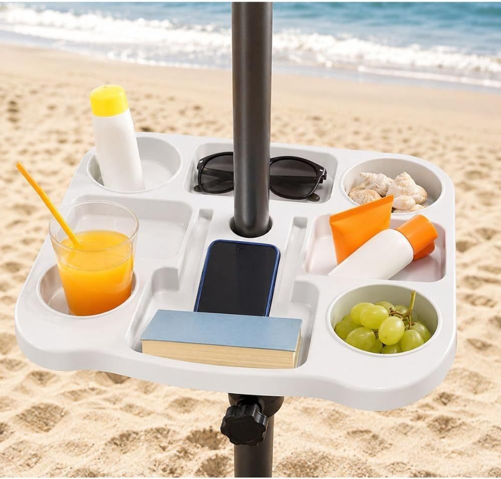 Cecaro Group Tavolino Porta Oggetti per Ombrellone 35x35 cm – Tavolo Universale con Morsetto Regolabile 22-40 mm – Ideale per Mare, Spiaggia, Giardino e Piscina