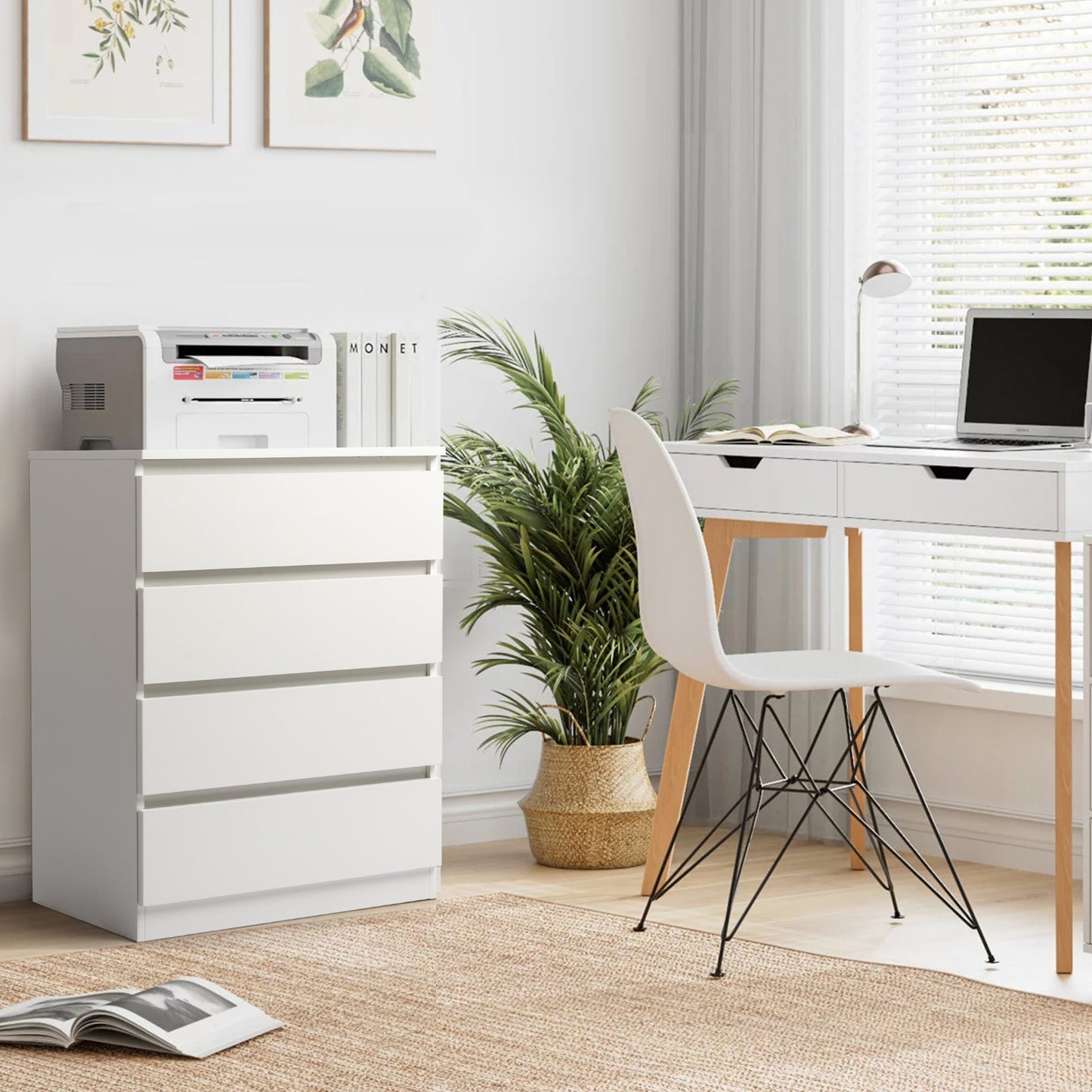 Comò OUTOPEE a 4 Cassetti, Cassettiera in Legno, Moderna Unità di Archiviazione Ampia, Comodino per Camera da Letto, Ufficio, Soggiorno, Bianco