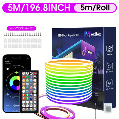 Luci a corda al neon LED 30/20/15/10/5m, controllo tramite app/telecomando, luce a corda LED flessibile, modalità multiple, luci al neon RGB