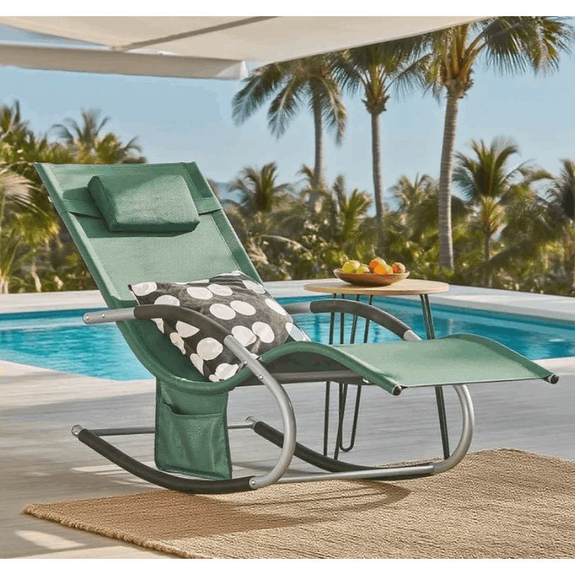 1 Pezzo Lettino Prendisole Lettino da Giardino Sdraio Relax Sedia a Dondolo da Esterno con Cuscino Poggiatesta Superficie Ergonomica Tessuto Resistente agli Agenti Atmosferici Struttura in Metallo Tasca Laterale Portata Massima 150 kg Terrazza Balcone Gia