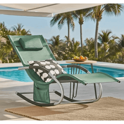 1 Pezzo Lettino Prendisole Lettino da Giardino Sdraio Relax Sedia a Dondolo da Esterno con Cuscino Poggiatesta Superficie Ergonomica Tessuto Resistente agli Agenti Atmosferici Struttura in Metallo Tasca Laterale Portata Massima 150 kg Terrazza Balcone Gia