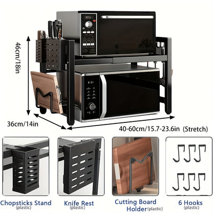 Scaffale per microonde espandibile a 2/3 ripiani con 6 ganci, porta coltelli/stecche/tavola da taglio, organizer in metallo salvaspazio per spezie, utensili e articoli da cucina, ripiano da appoggio con montaggio rapido, regalo perfetto per l'inaugurazion
