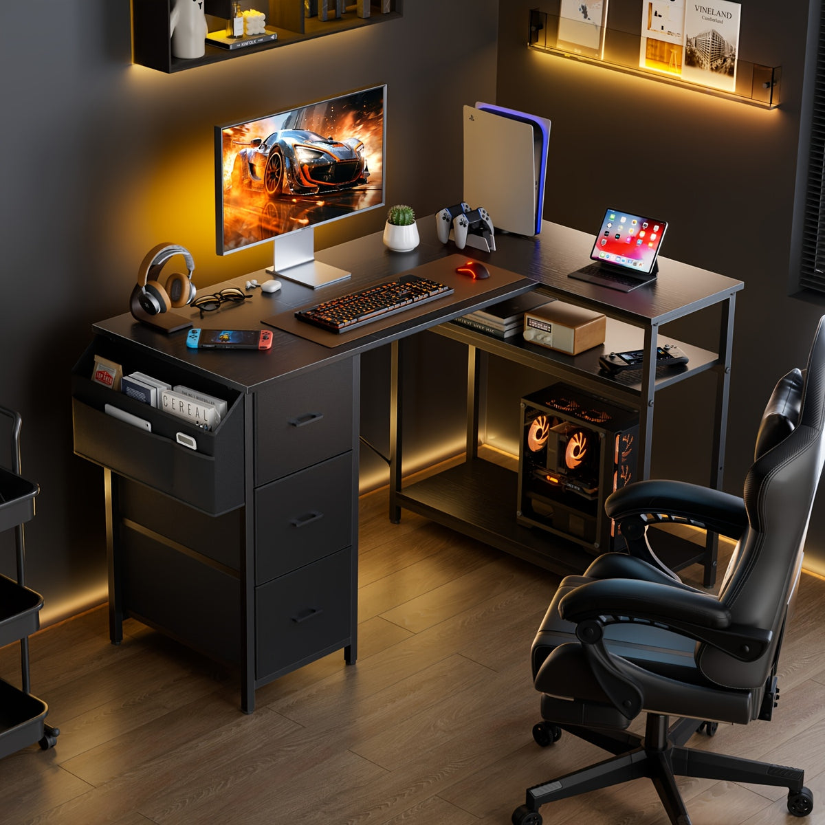 Scrivania angolare, Nero per smart working e ufficio – vista dettagliata 2