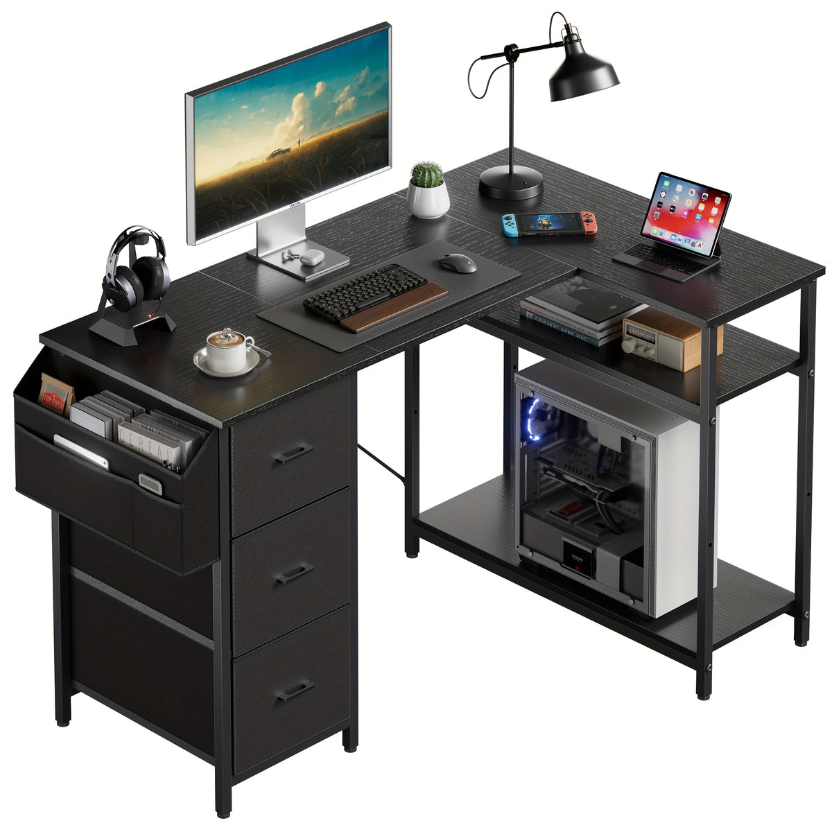 Scrivania angolare, Nero per smart working e ufficio – vista dettagliata 23