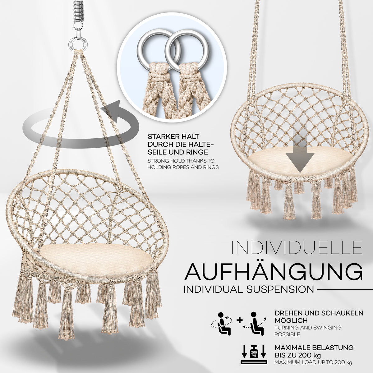 Sedia sospesa, Beige con grande cuscino per balcone – vista dettagliata 10