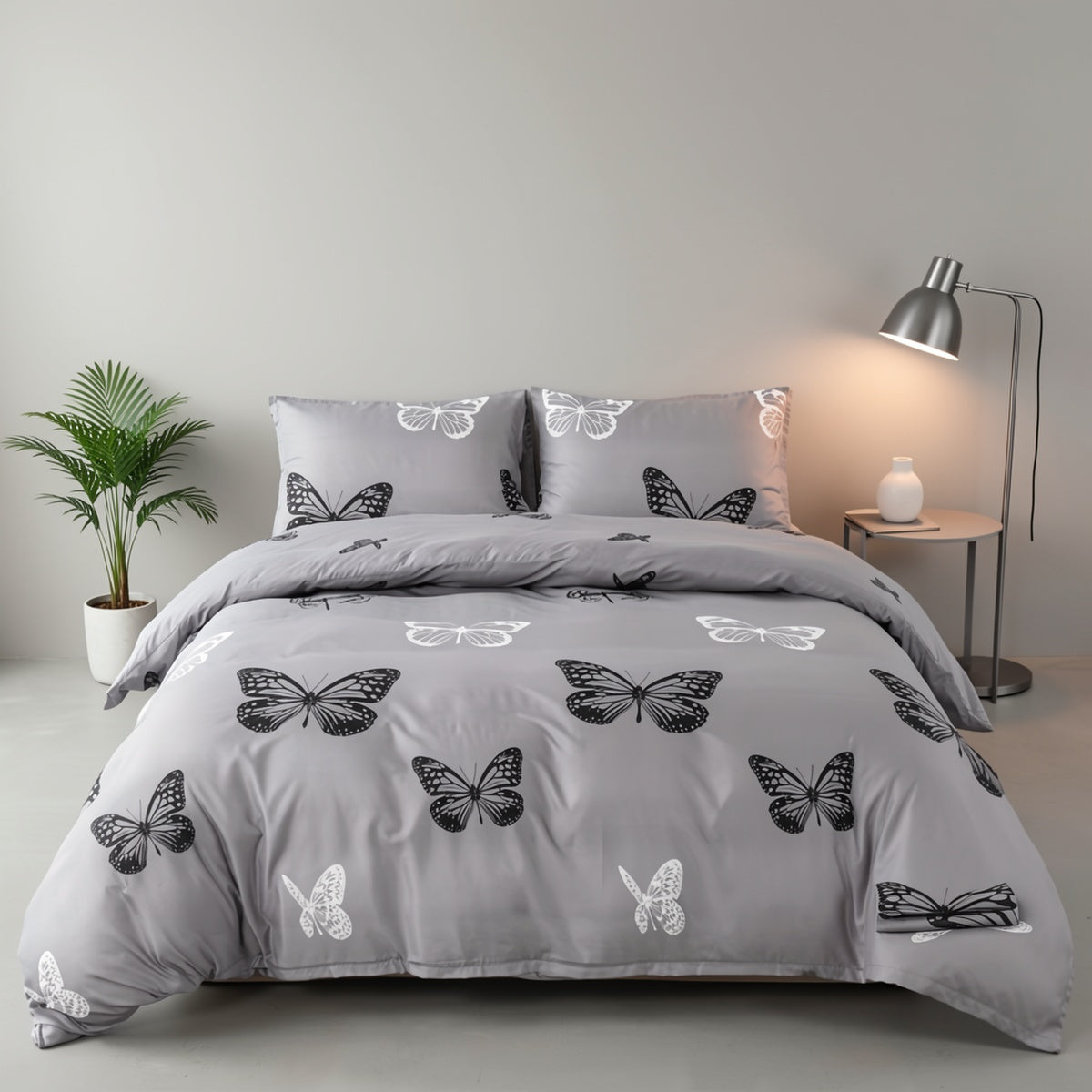 Set copripiumino, Fondo Grigio Farfalla Bianca e Nera per letto e camera da letto – vista dettagliata 8