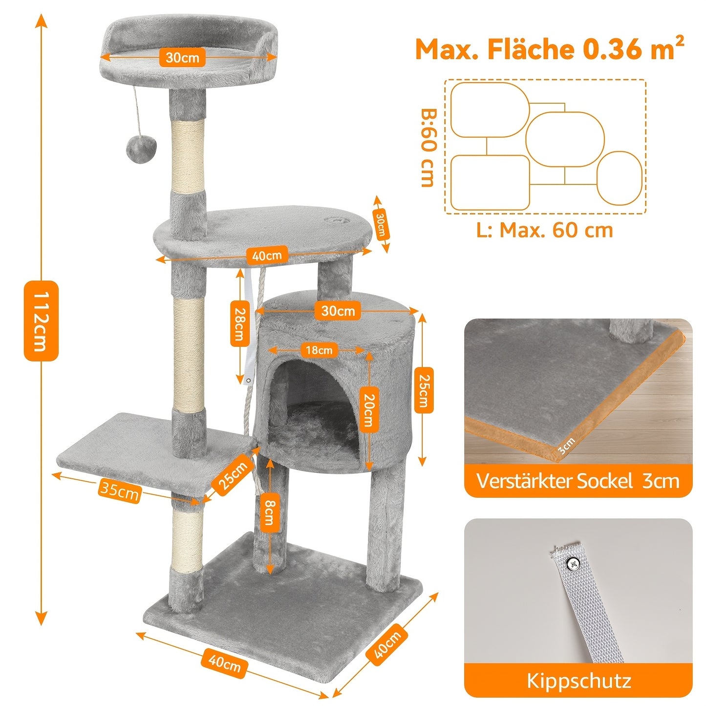 Tiragraffi per gatti, 112 cm per tiragraffi - Robusto sisal e pompon in p – vista dettagliata 2